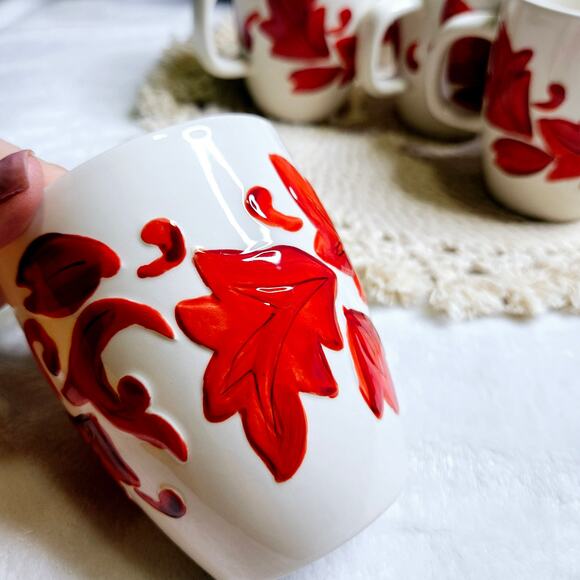 Pier 1 Imports Alexia Mug Fall Autumn Red Leaves Hand Painted Set of 7 White Red - Picture 9 of 9